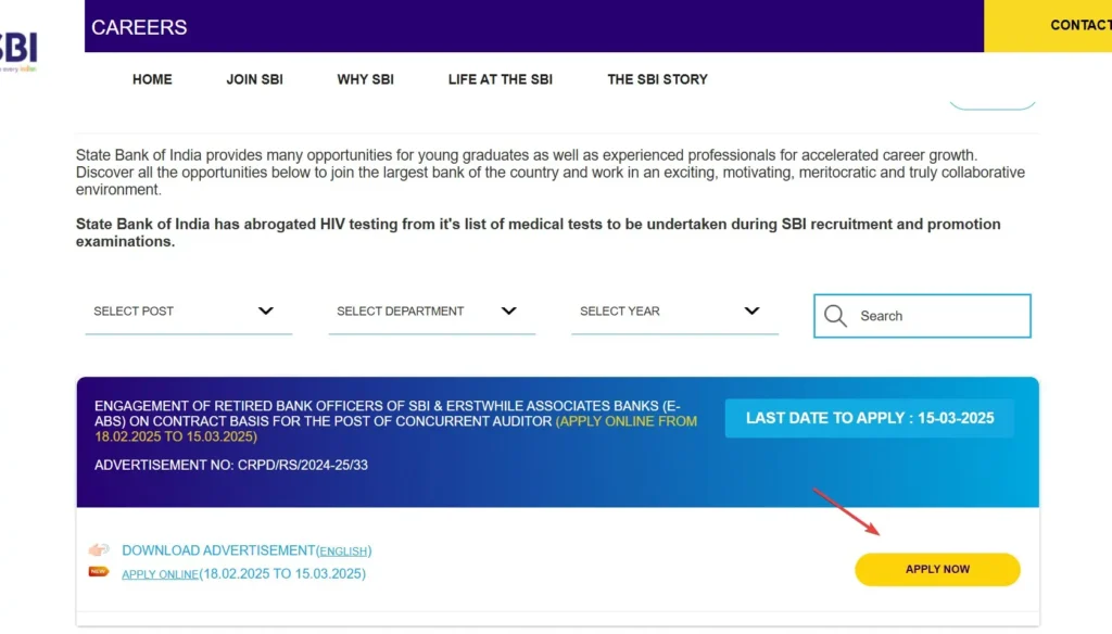 Current Opening for SBI Openings Contract Basis