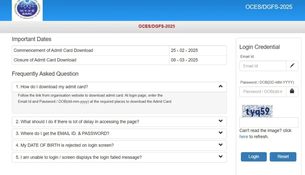Download the BARC OCES DGFS Admit Card 2025