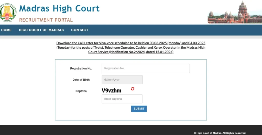 Madras High Court Admit Card 2025 typist cashier xeros telehpone