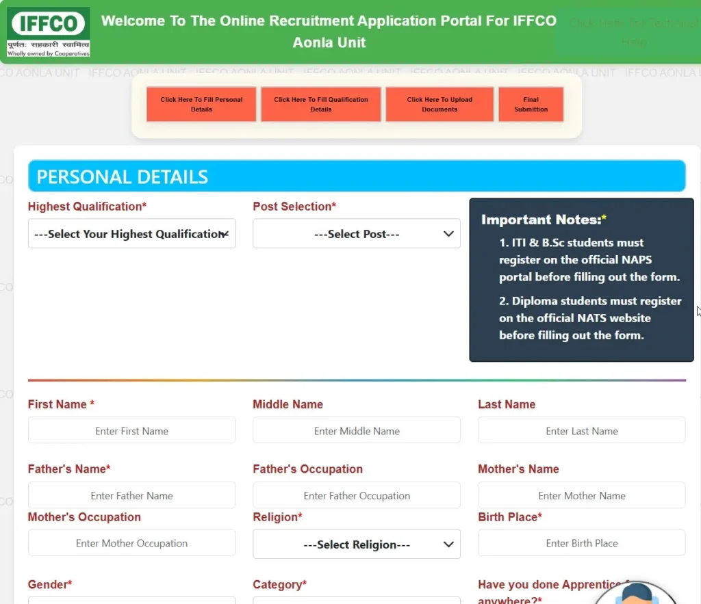 Online Recruitment Application Portal For IFFCO Aonla Unit